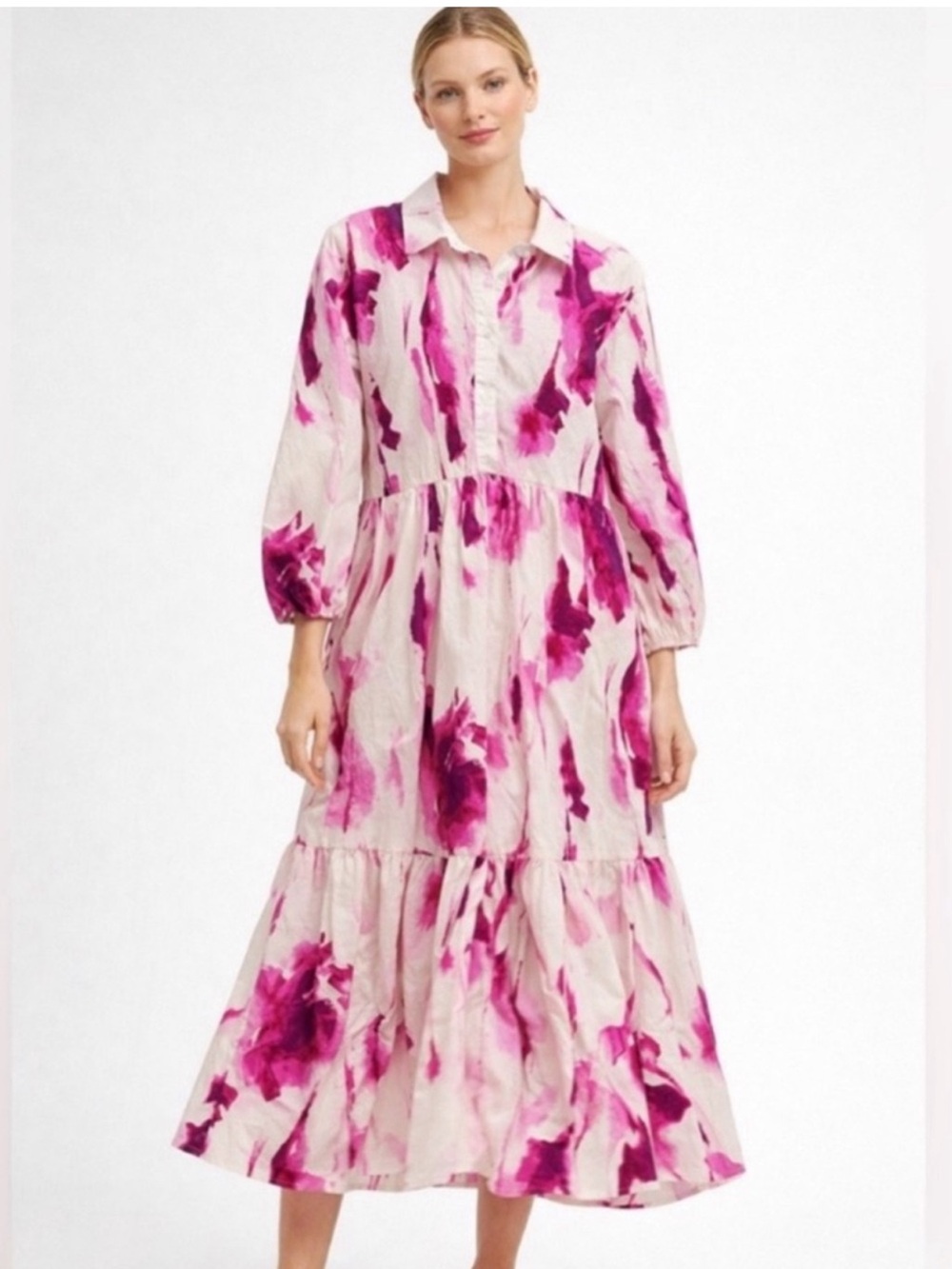 Anthropologie Maeve Bettina Tiered Maxi Dress Pink Watercolor Cottagecore